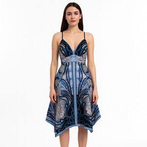 Rubber Ducky Productions Satin MidiDress Blue &Black Abstract FloralPrint SizeS